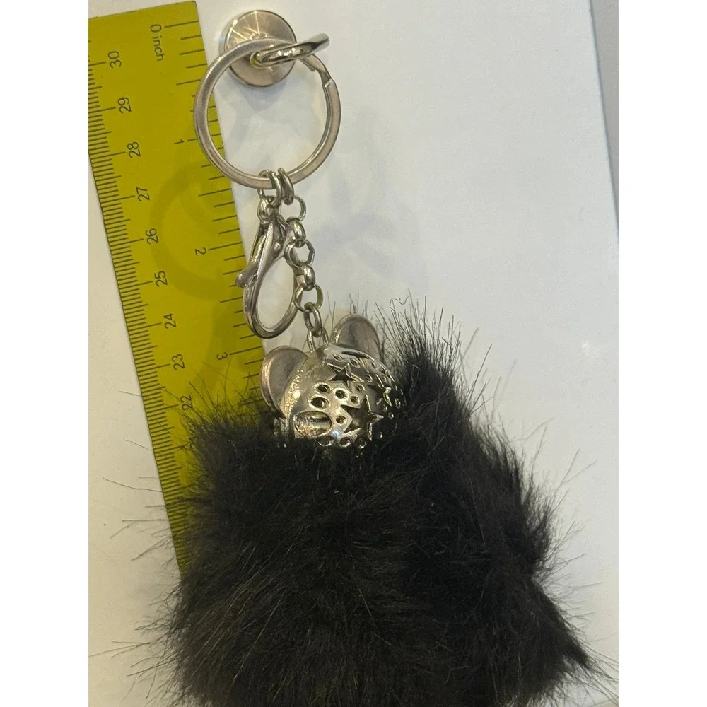 Black Faux Fur Pom Pom Bear Keychain Rhinestone Bag Charm Silver Tone Star Back